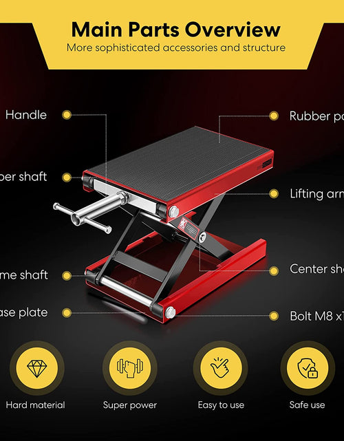 Load image into Gallery viewer, Motorcycle Lift Scissor Jack Steel Wide Deck Hoist Crank Center Stand 1100 LBS Capacity for Motorcycles, Atvs, Dirt Bikes Red

