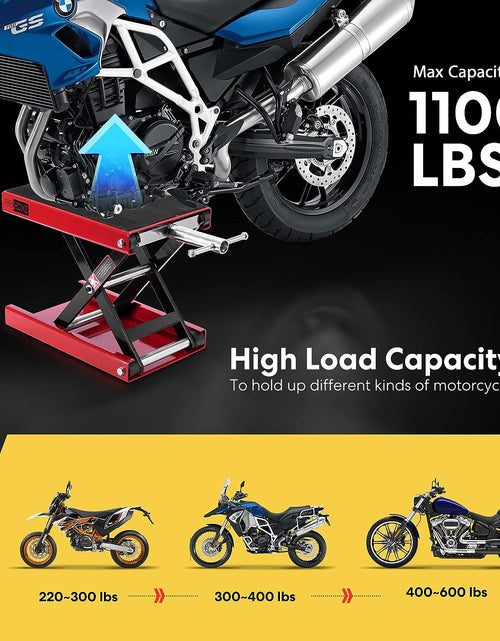 Load image into Gallery viewer, Motorcycle Lift Scissor Jack Steel Wide Deck Hoist Crank Center Stand 1100 LBS Capacity for Motorcycles, Atvs, Dirt Bikes Red

