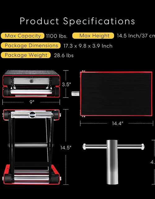 Load image into Gallery viewer, Motorcycle Lift Scissor Jack Steel Wide Deck Hoist Crank Center Stand 1100 LBS Capacity for Motorcycles, Atvs, Dirt Bikes Red
