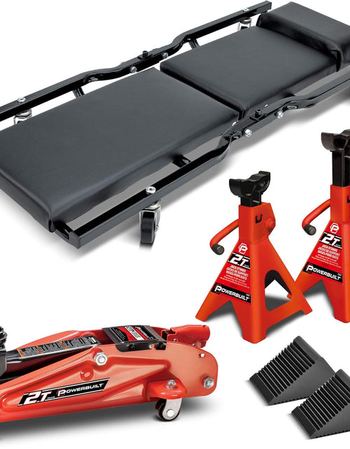 Load image into Gallery viewer, Powerbuilt 6 Piece Car Jack and Garage Creeper Service Set, 2 Ton Vehicle Lift, Jackstands, Folding Creeper, Wheel Chocks, Car Repair Garage Equipment - 640816, Large, Red
