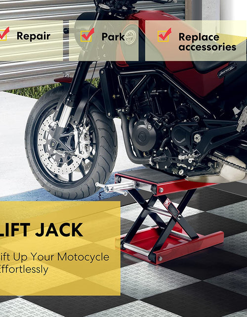 Load image into Gallery viewer, Motorcycle Lift Scissor Jack Steel Wide Deck Hoist Crank Center Stand 1100 LBS Capacity for Motorcycles, Atvs, Dirt Bikes Red
