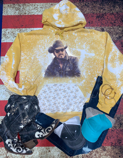 Load image into Gallery viewer, Rip (Large Design) - Acid Wash Splatter Mustard Hoodie w/ Yellowstone Pocket
